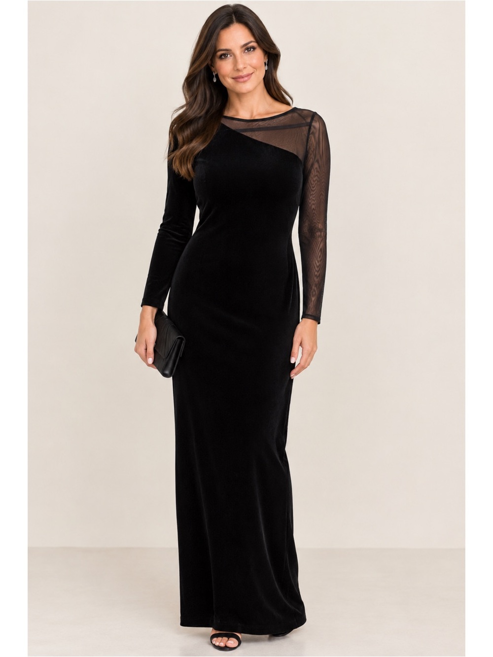 Vintage Cachet Black Velvet Mesh Maxi Gown Sz 6